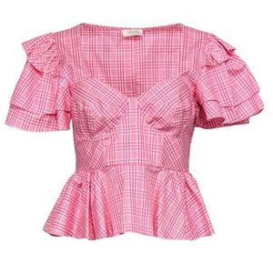 Petersyn - Pink & White Plaid Ruffle Short Sleeve Peplum Top